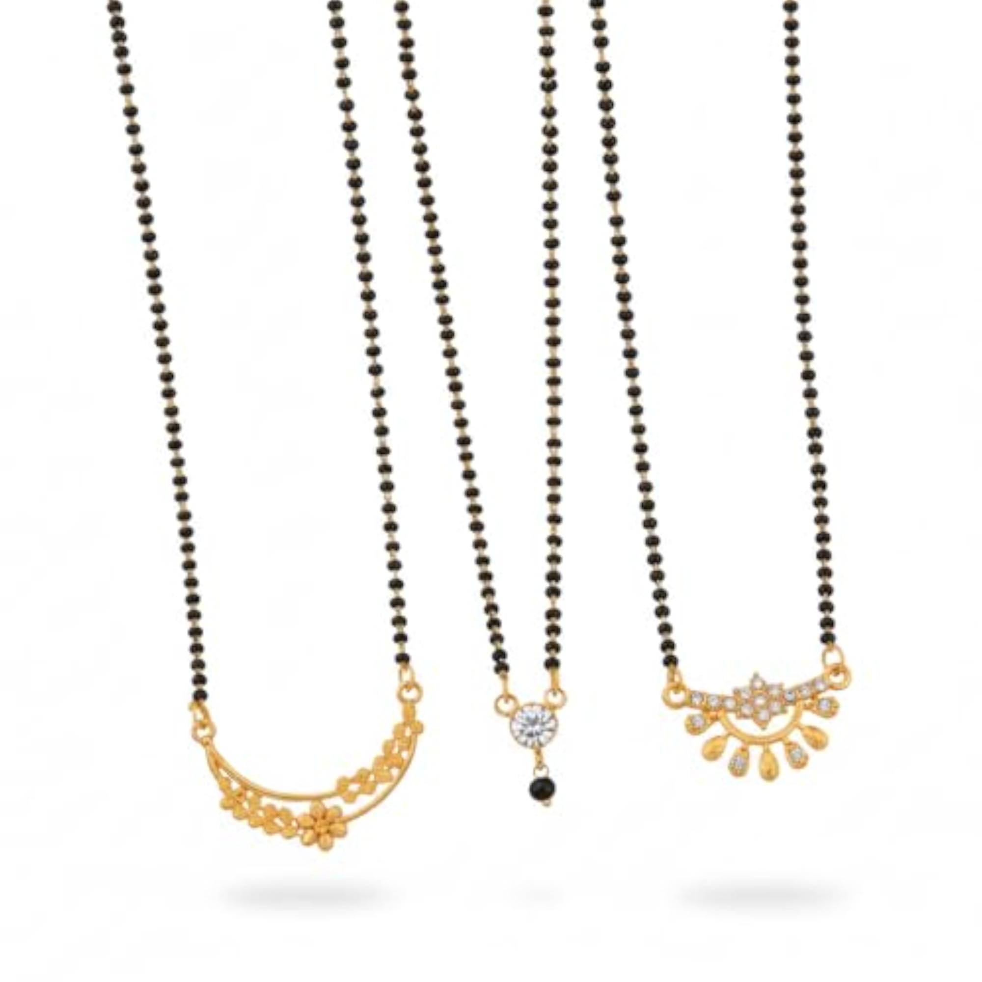 Gold Mangalsutra Set with Black Beads and Crystal Pendants